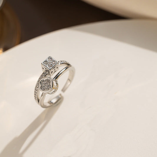 Inel argintiu, reglabil, din otel inoxidabil, suflat cu aur 18k, cu pietre din zirconiu, Oda C8