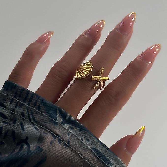 Inel auriu, reglabil, din otel inoxidabil, suflat cu aur 18k, cu motive marine, Ofelia C8