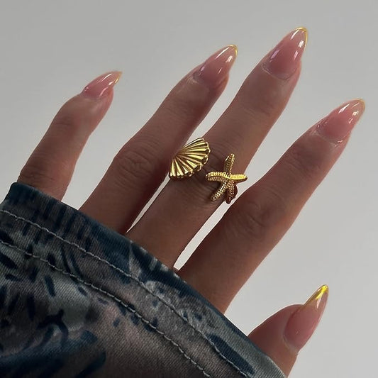 Inel auriu, reglabil, din otel inoxidabil, suflat cu aur 18k, cu motive marine, Ofelia C8