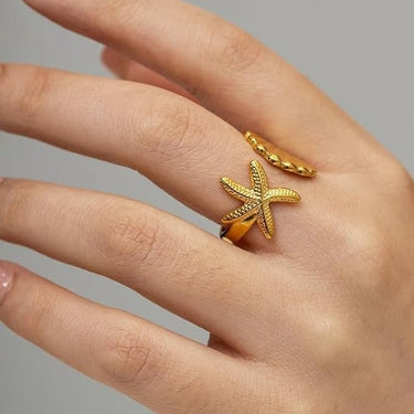 Inel auriu, reglabil, din otel inoxidabil, suflat cu aur 18k, cu motive marine, Ofelia C8