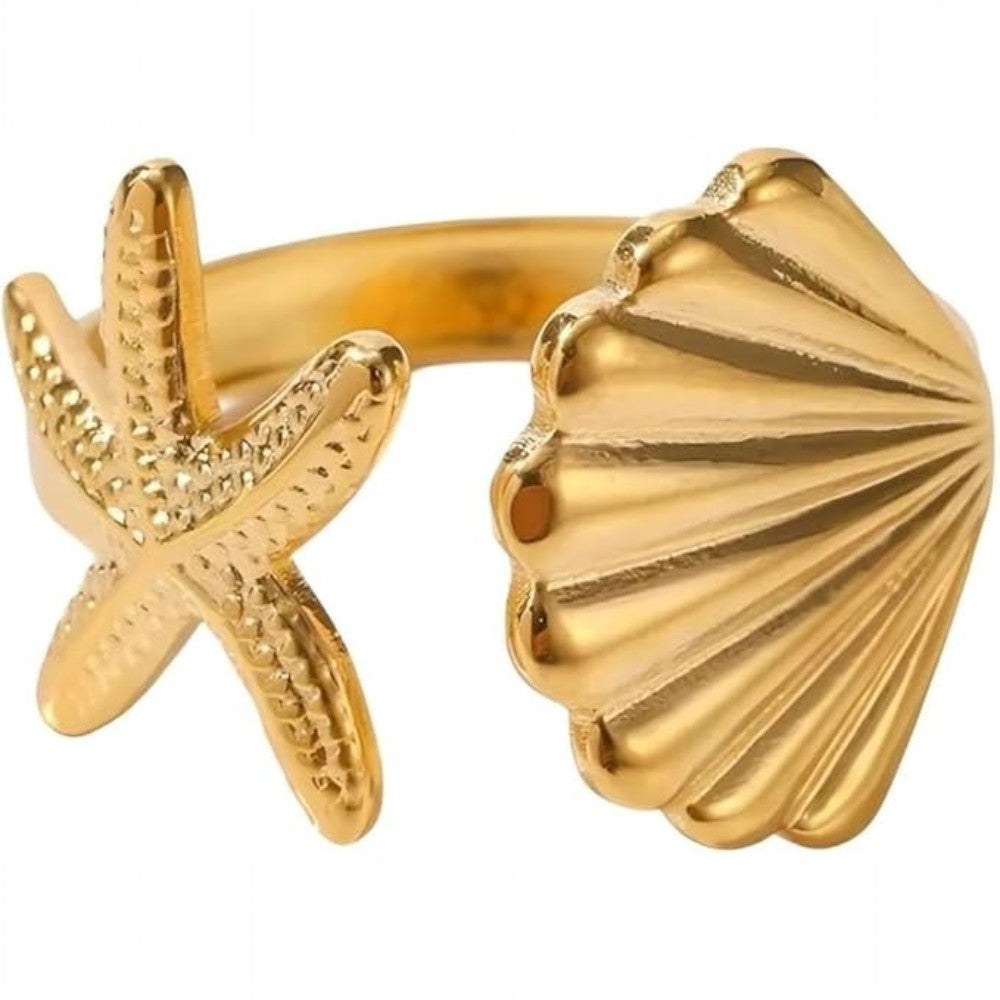 Inel auriu, reglabil, din otel inoxidabil, suflat cu aur 18k, cu motive marine, Ofelia C8