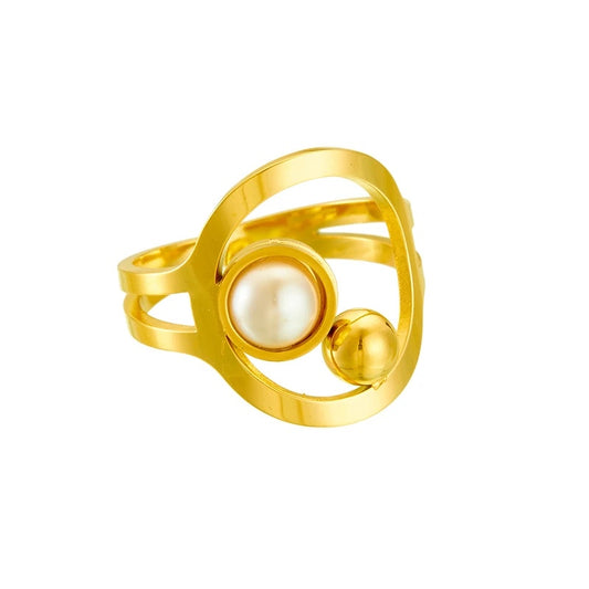 Inel auriu, reglabil, din otel inoxidabil, suflat cu aur 18k, cu perla, Connie C4