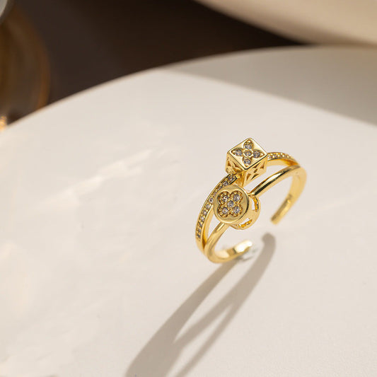 Inel auriu, reglabil, din otel inoxidabil, suflat cu aur 18k, cu pietre din zirconiu, Oddny C8