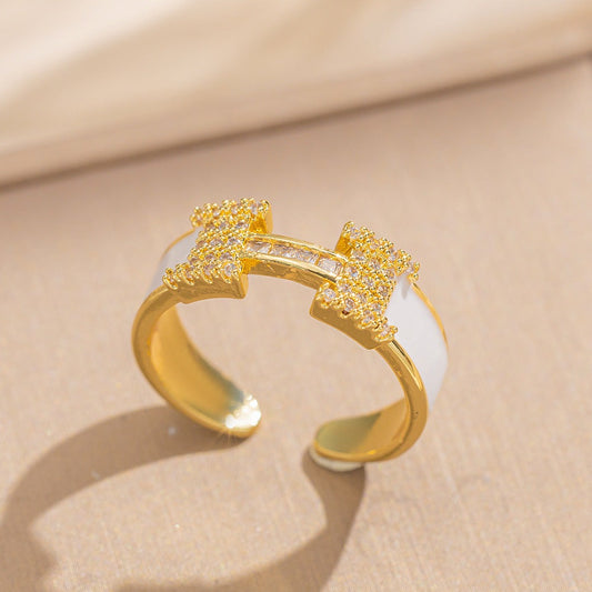 Inel auriu, reglabil, din otel inoxidabil, suflat cu aur 18k, cu pietre din zirconiu, Odette C8