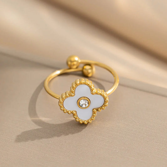 Inel auriu, reglabil, din otel inoxidabil, suflat cu aur 18k, forma de trifoi alb stilizat, Phelina C8