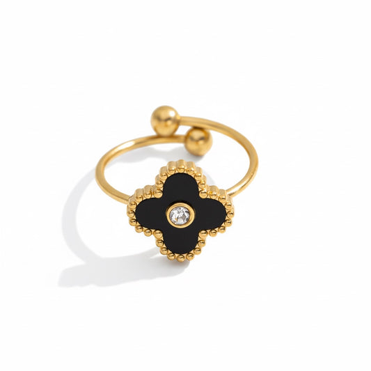 Inel auriu, reglabil, din otel inoxidabil, suflat cu aur 18k, forma de trifoi negru stilizat, Phoebe C8