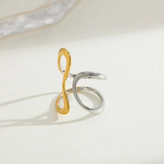Inel auriu si argintiu, reglabil, din otel inoxidabil, suflat cu aur 18k, forma minimalista, Olivera C8