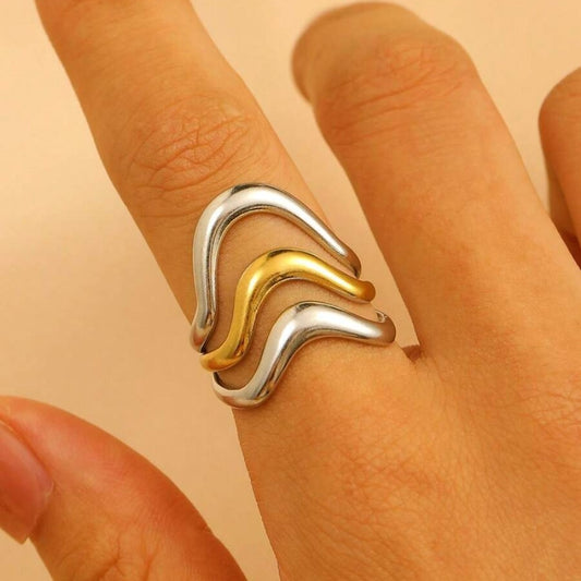 Inel auriu si argintiu, reglabil, din otel inoxidabil, suflat cu aur 18k, in 3 straturi, Olla C8