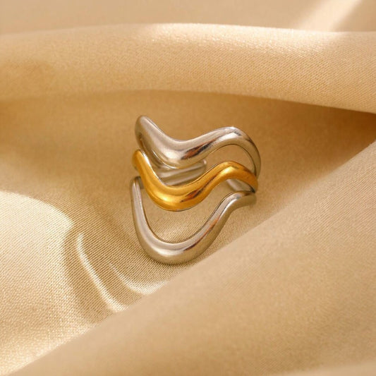 Inel auriu si argintiu, reglabil, din otel inoxidabil, suflat cu aur 18k, in 3 straturi, Olla C8