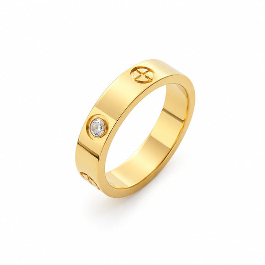 Inel auriu, LOVE, din otel inoxidabil 316L, placat cu aur 18K PVD, cu pietre din zirconiu, Penelope C8
