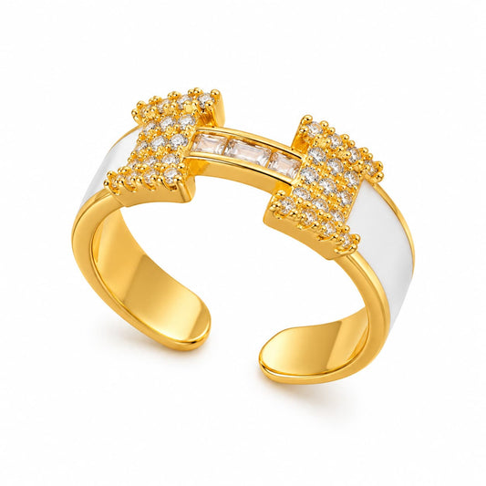 Inel auriu, reglabil, din otel inoxidabil 316L, placat cu aur 18K PVD, cu pietre din zirconiu, Odette C8
