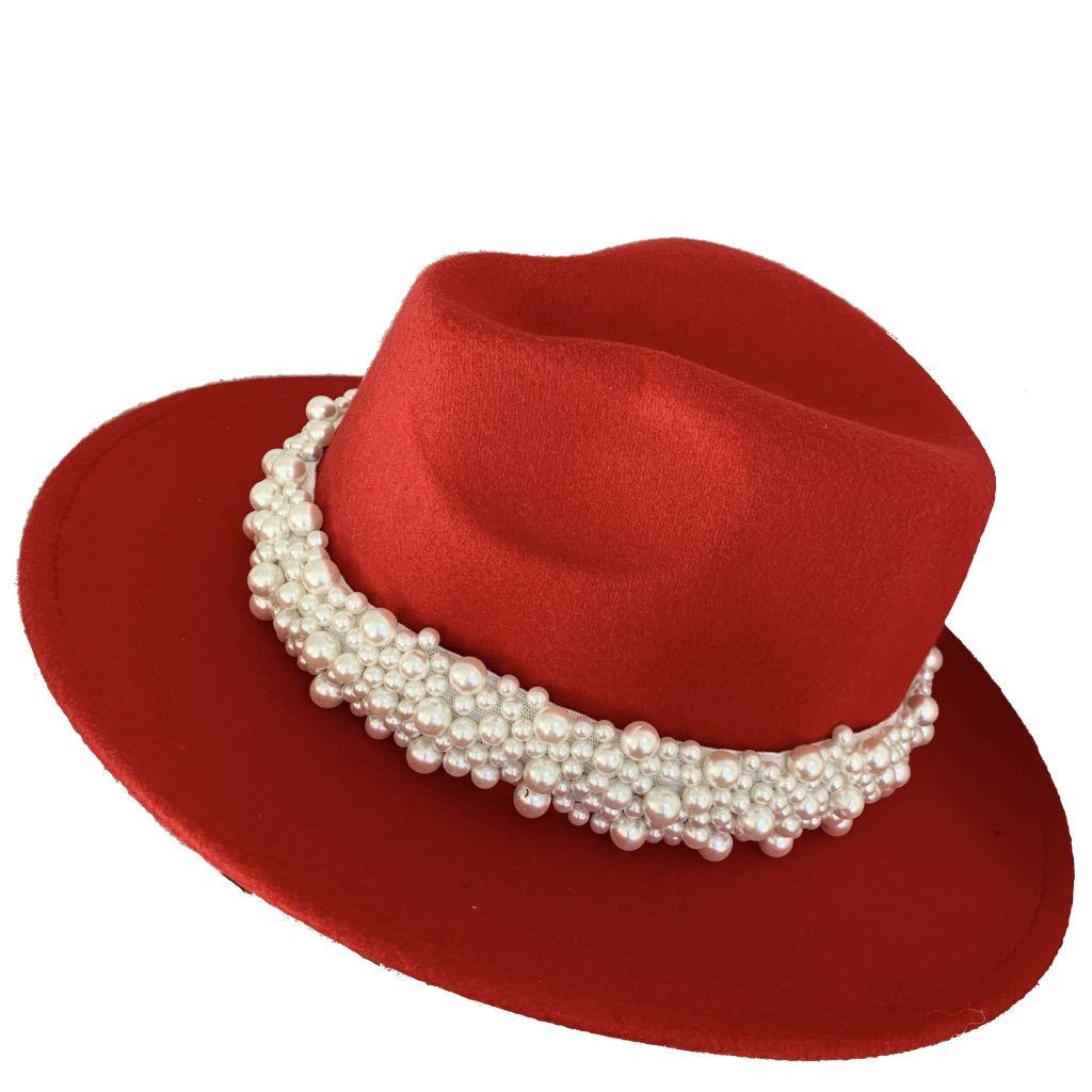 Palarie dama, rosie, cu perle, Gloriana - Pursehuit.ro