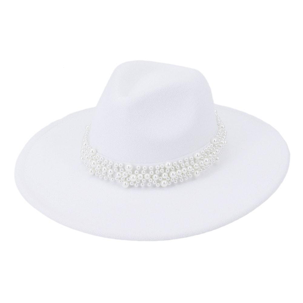 Palarie dama, alba, cu bor lat si perle, Danica - Pursehuit.ro