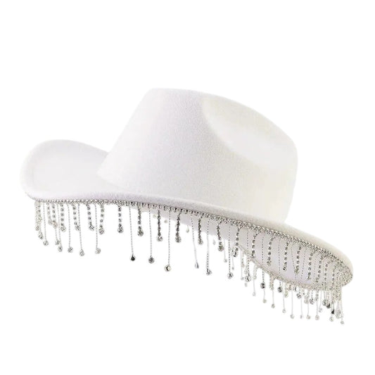 Palarie dama, alba, cu franjuri si cristale, stil cowboy, Malcolm