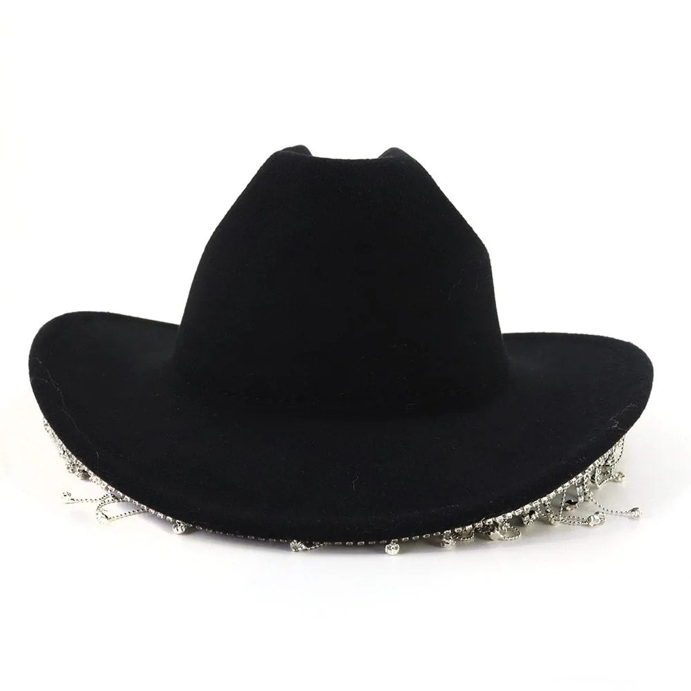 Palarie dama, neagra, cu franjuri si cristale, stil cowboy, Malen