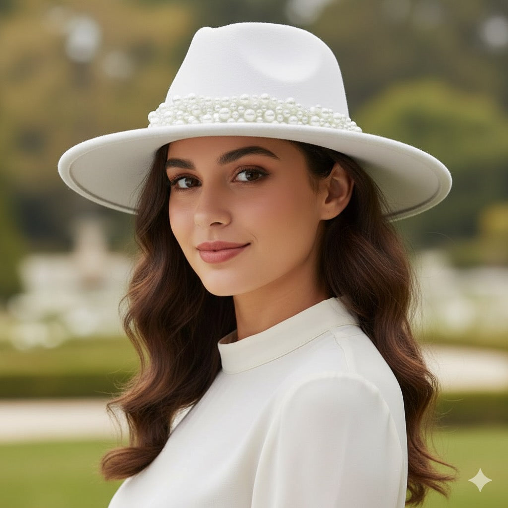 Palarie dama, alba, cu bor lat si perle, Danica