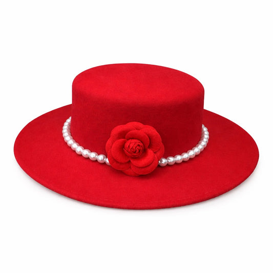 Palarie dama, rosie, cu bor lat, stil canotiera, handmade, cu accesoriu detasabil din perle, Grimkel