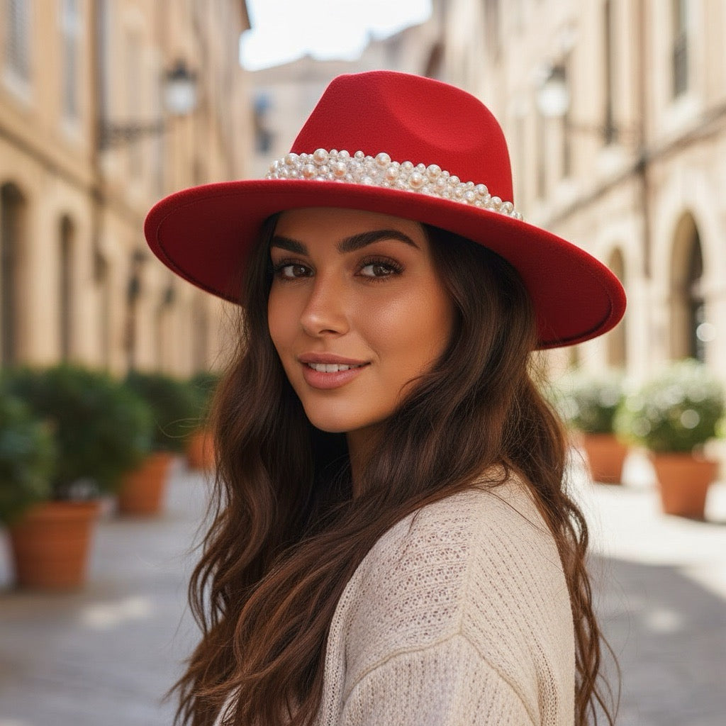 Palarie dama, rosie, cu perle, Gloriana