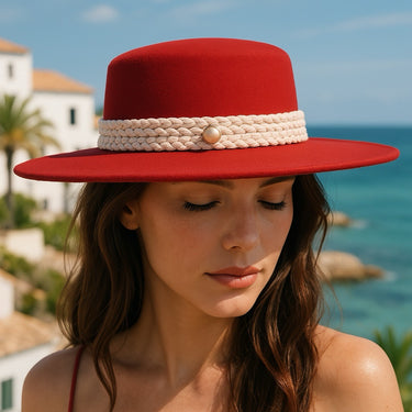 Palarie dama, rosie, stil canotiera, cu bor lat, Miranda - Pursehuit.ro