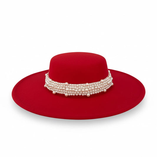 Palarie dama, rosie, stil canotiera, cu bor lat, handmade, cu accesoriu detasabil din perle, Gretha
