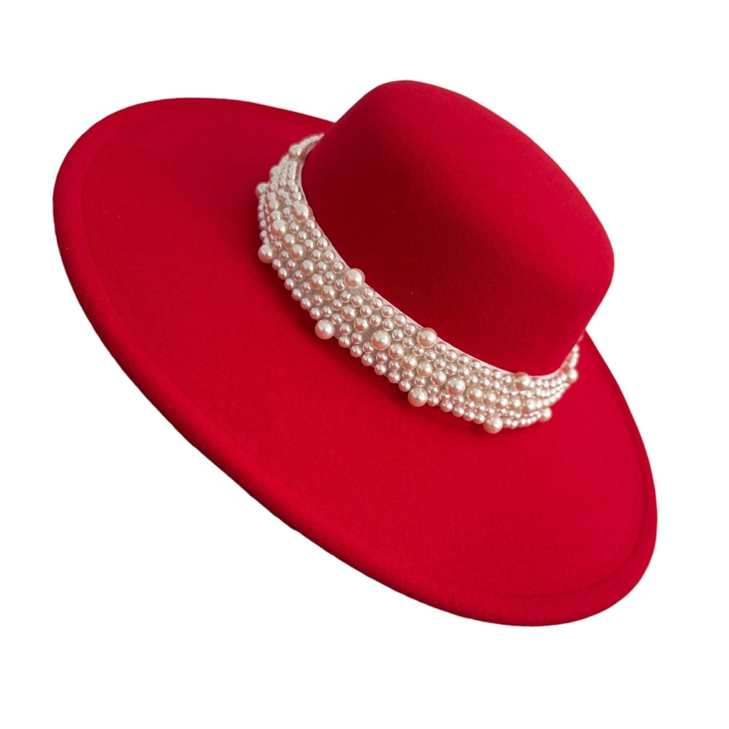 Palarie dama, rosie, stil canotiera, cu bor lat, handmade, cu accesoriu detasabil din perle, Gretha - Pursehuit.ro