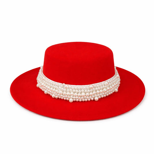 Palarie dama, rosie, stil canotiera, handmade, cu accesoriu detasabil din perle, Erra
