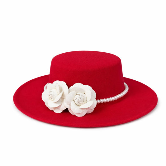 Palarie dama, rosie, stil canotiera, handmade, cu accesoriu detasabil din perle, Greta