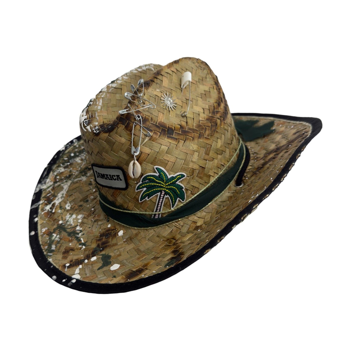 Palarie maro, stil cowboy, de paie, handmade, pictata si accesorizata manual, Jamaica - Pursehuit.ro