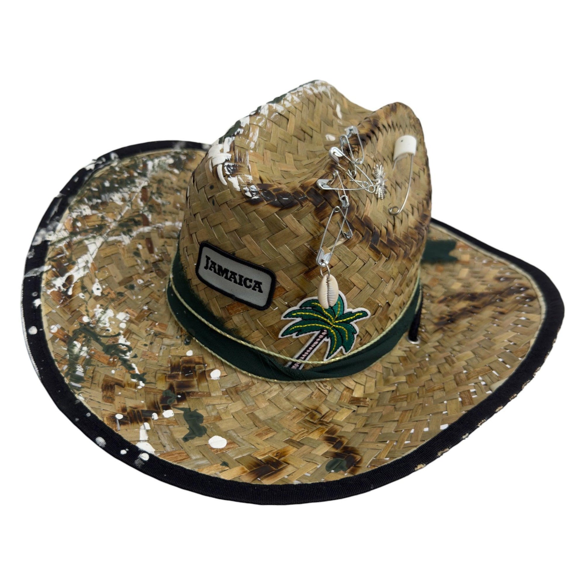 Palarie maro, stil cowboy, de paie, handmade, pictata si accesorizata manual, Jamaica - Pursehuit.ro