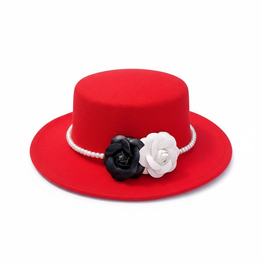 Palarie rosie, stil canotiera, handmade, cu flori si perle, Senaida