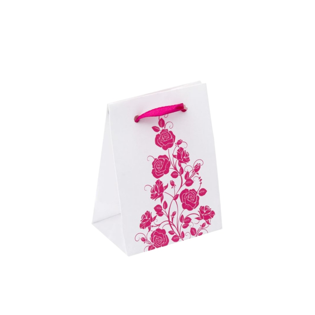 Punguta mini de cadou, alba, cu flori roz, 6x4x8cm