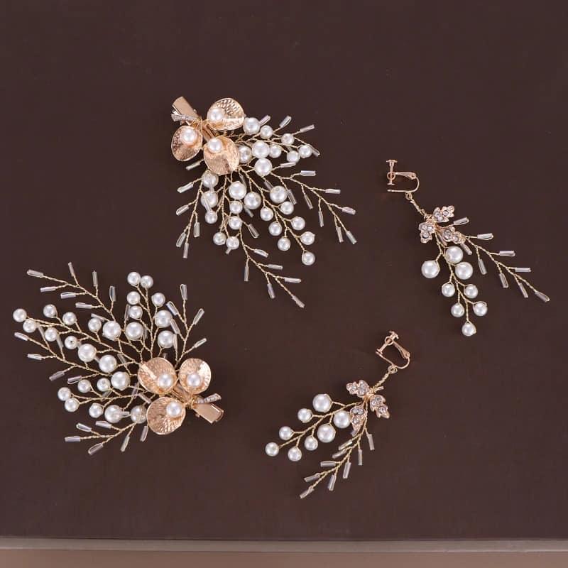 Set 2 Accesorii Par si Cercei, aurii, cu perle, Brigita C13 - Pursehuit.ro