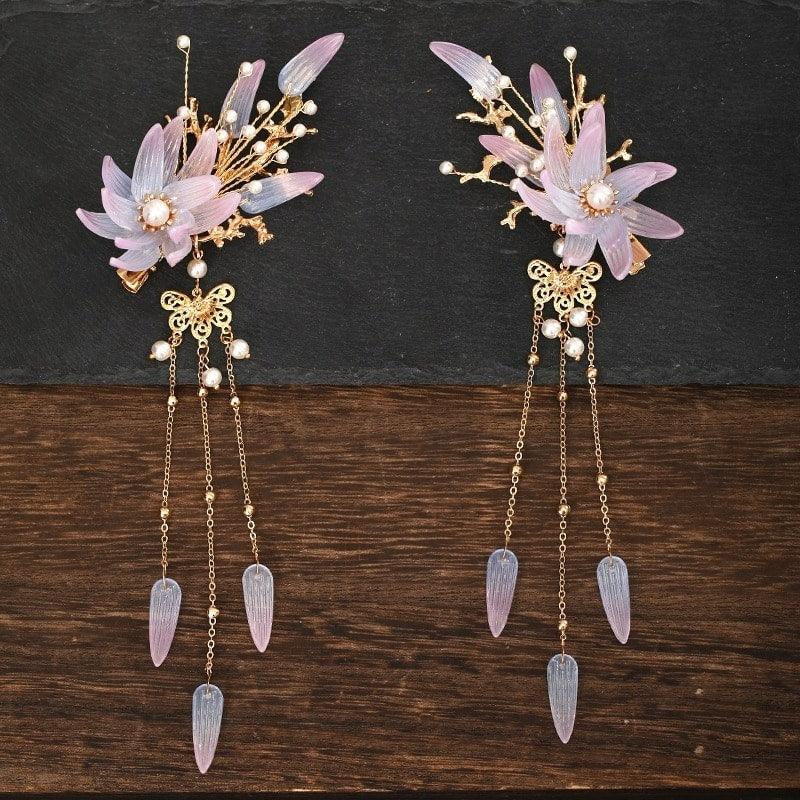 Set 2 accesorii par, aurii, cu flori mov, pietre si lanturi, Helga C16 - Pursehuit.ro