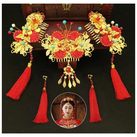 Set 3 accesorii de par si cercei, aurii, cu ciucuri rosii, Rauha C5 - Pursehuit.ro