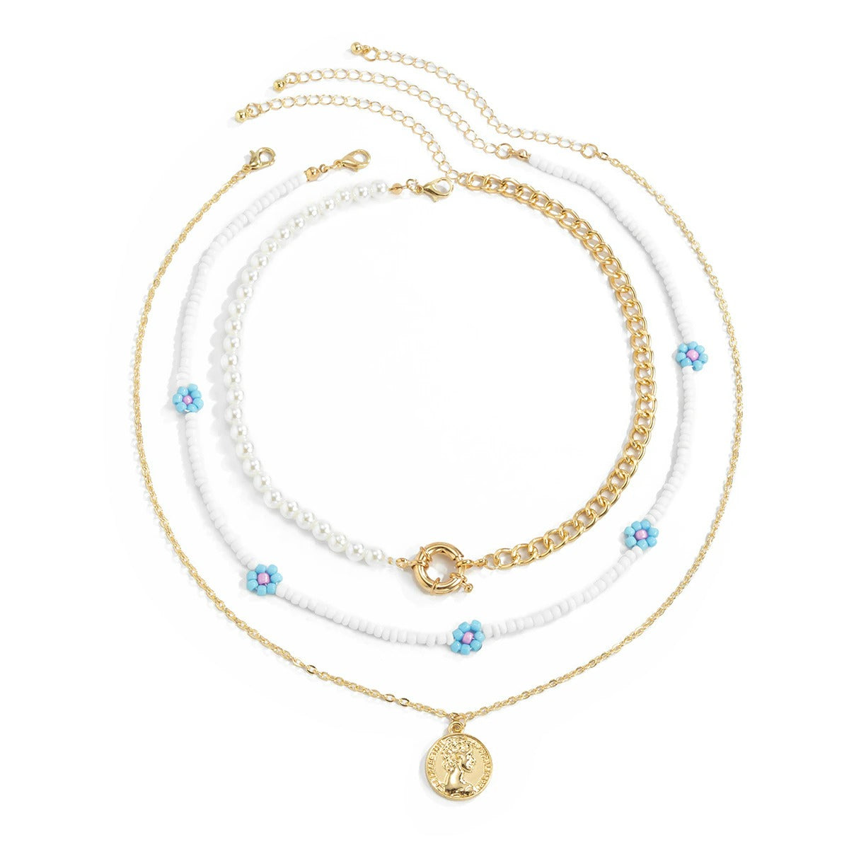Set 3 coliere, aurii, cu perle si floricele albastre, Kamma C14