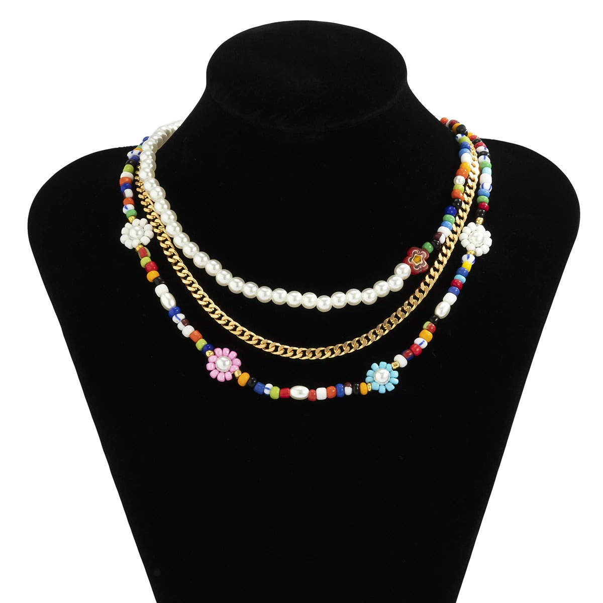 Set 3 coliere, aurii, cu perle si margelute colorate, Kanne C5