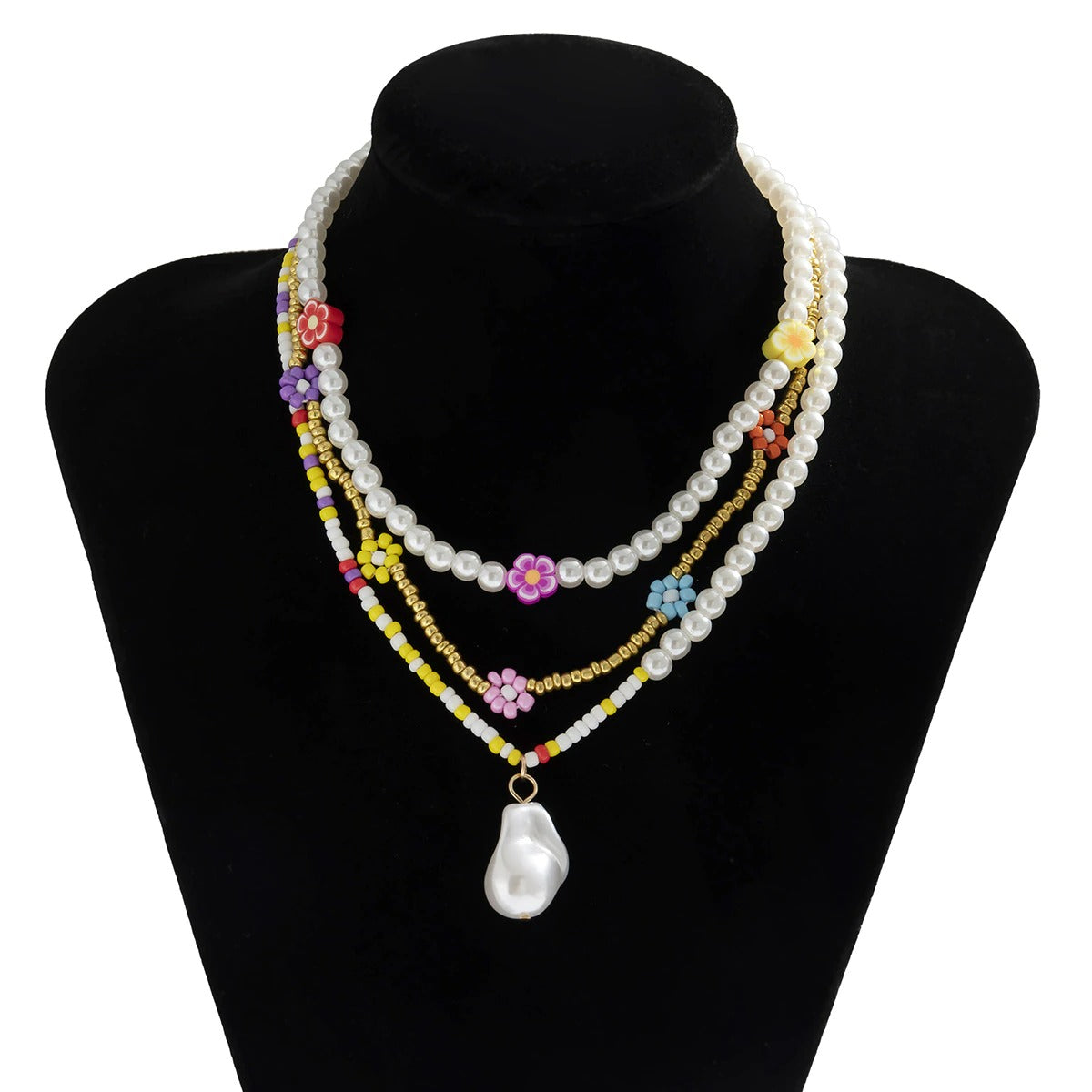 Set 3 coliere, aurii, cu perle si margelute colorate, Karda C1