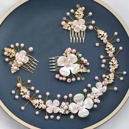 Set 4 accesorii de par, aurii, cu flori si perle, Mayne C9 - Pursehuit.ro