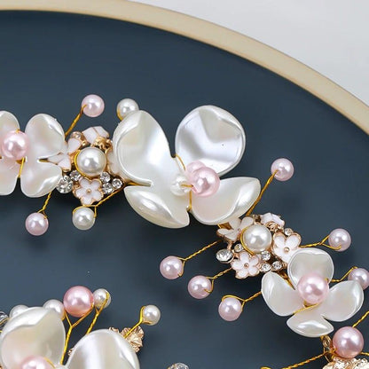 Set 4 accesorii de par, aurii, cu flori si perle, Mayne C9 - Pursehuit.ro