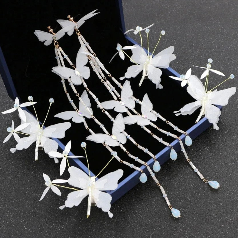 Set 4 accesorii de par si cercei, aurii, forma de fluturi albi, cu cristale, Malea C1