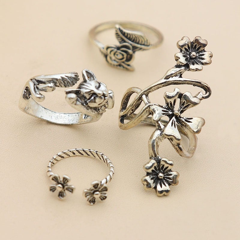 Set 4 inele argintii, cu floare si pisica, Theodor C2