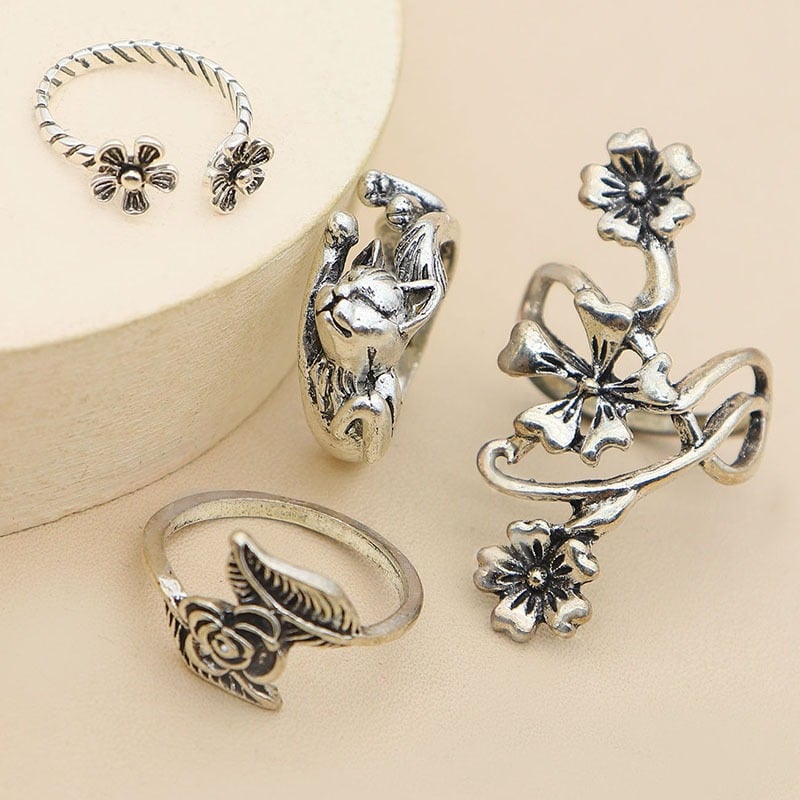 Set 4 inele argintii, cu floare si pisica, Theodor C2