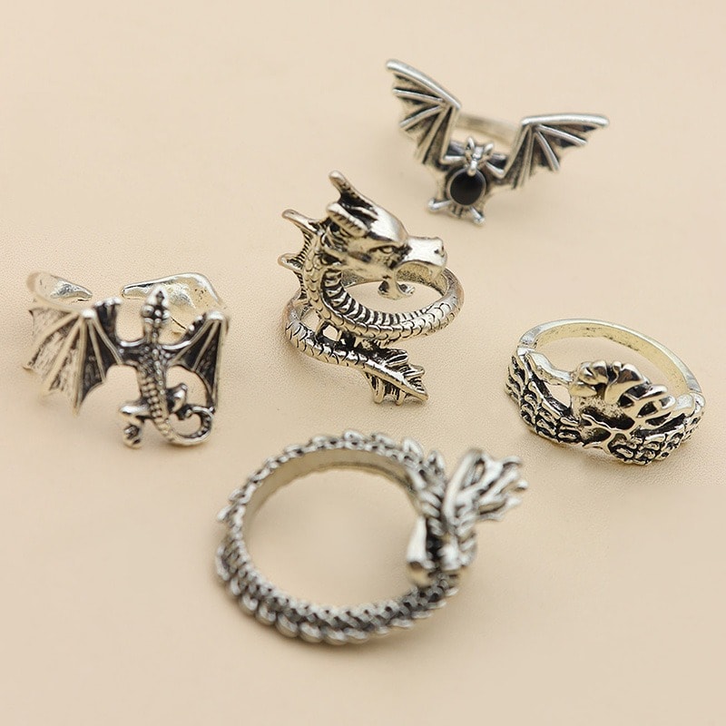 Set 5 inele argintii, cu dragoni, Thedor C2