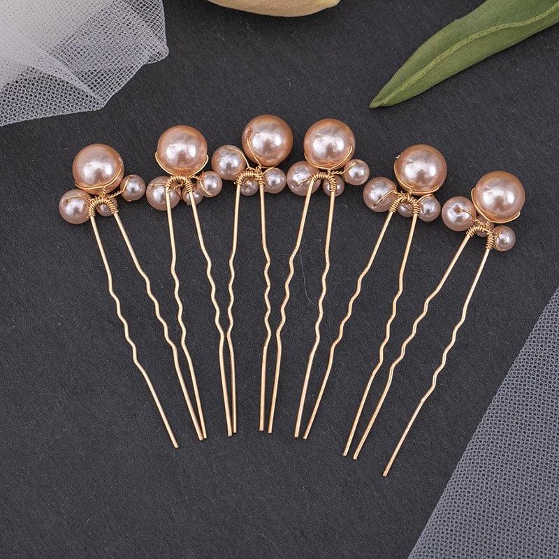 Set 6 accesorii de par, aurii, cu perle, Amalia C18 - Pursehuit.ro
