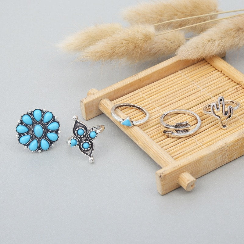 Set 9 inele argintii, stil boho, cu pietre turquoise, Thiurd C5