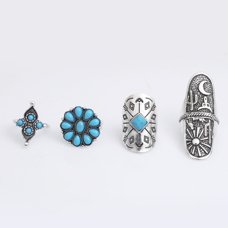 Set 9 inele argintii, stil boho, cu pietre turquoise, Thiurd C5