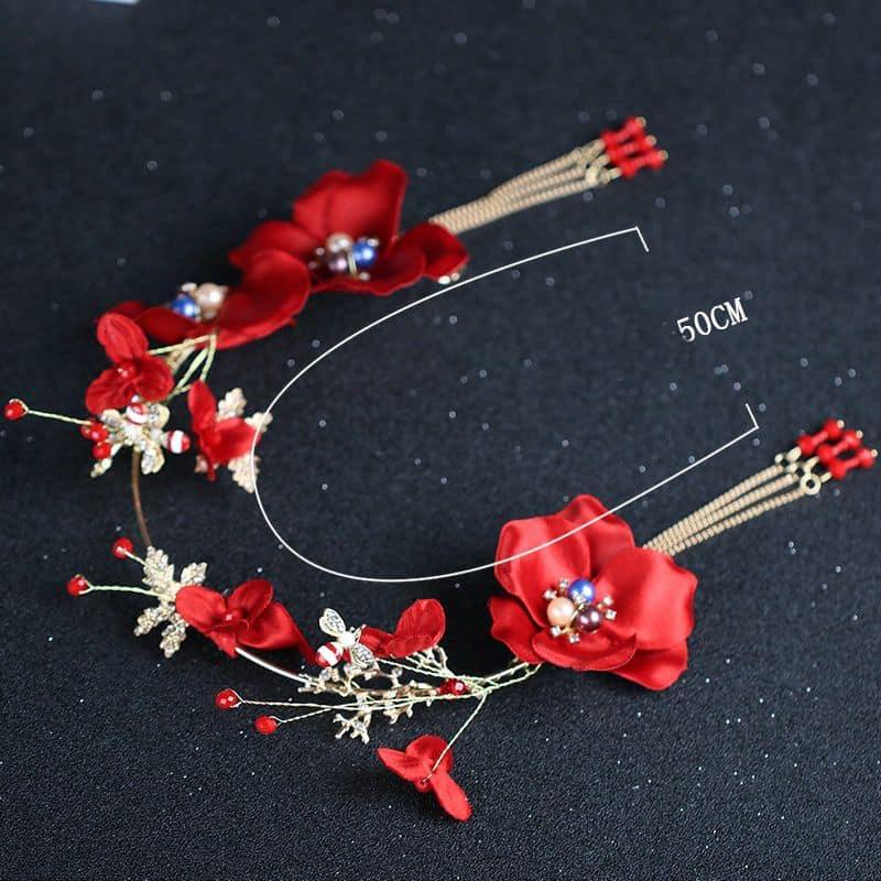 Set Accesoriu Par si Cercei, auriu, cu flori rosii, Ninetta C16 - Pursehuit.ro