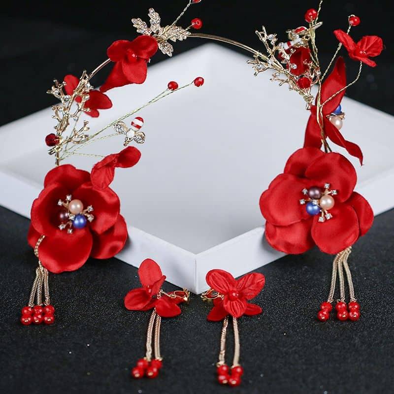 Set Accesoriu Par si Cercei, auriu, cu flori rosii, Ninetta C16 - Pursehuit.ro