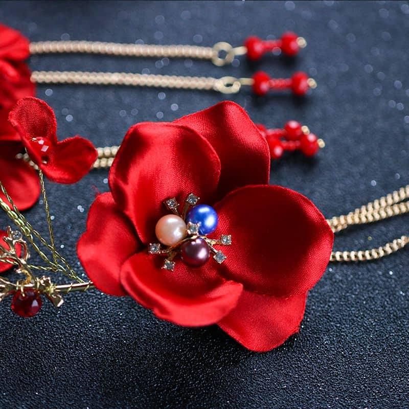 Set Accesoriu Par si Cercei, auriu, cu flori rosii, Ninetta C16 - Pursehuit.ro