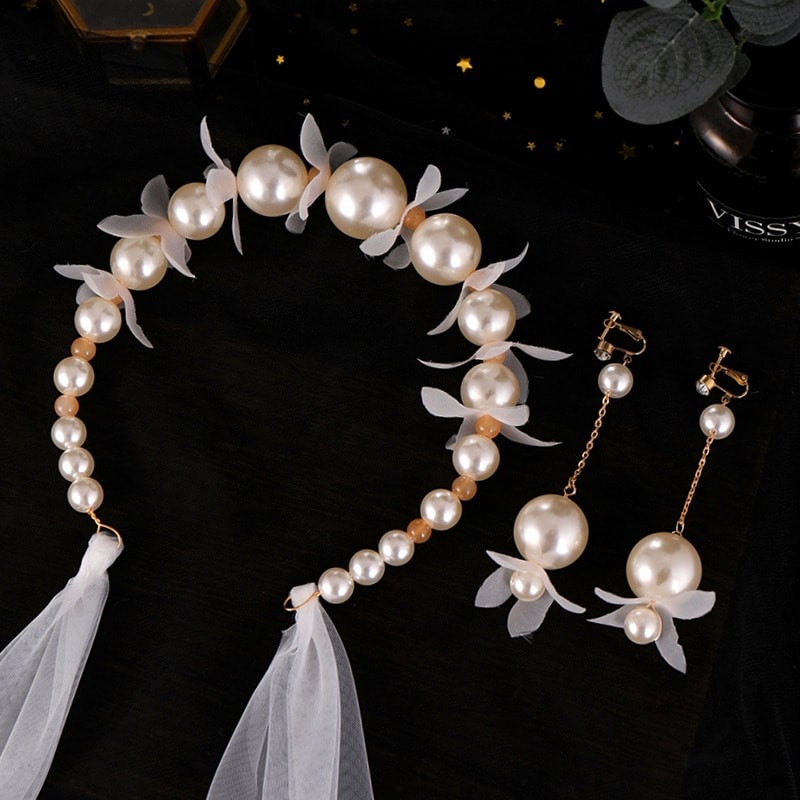 Set Diadema si Cercei, auriu, cu perle si voal, Daphne C19